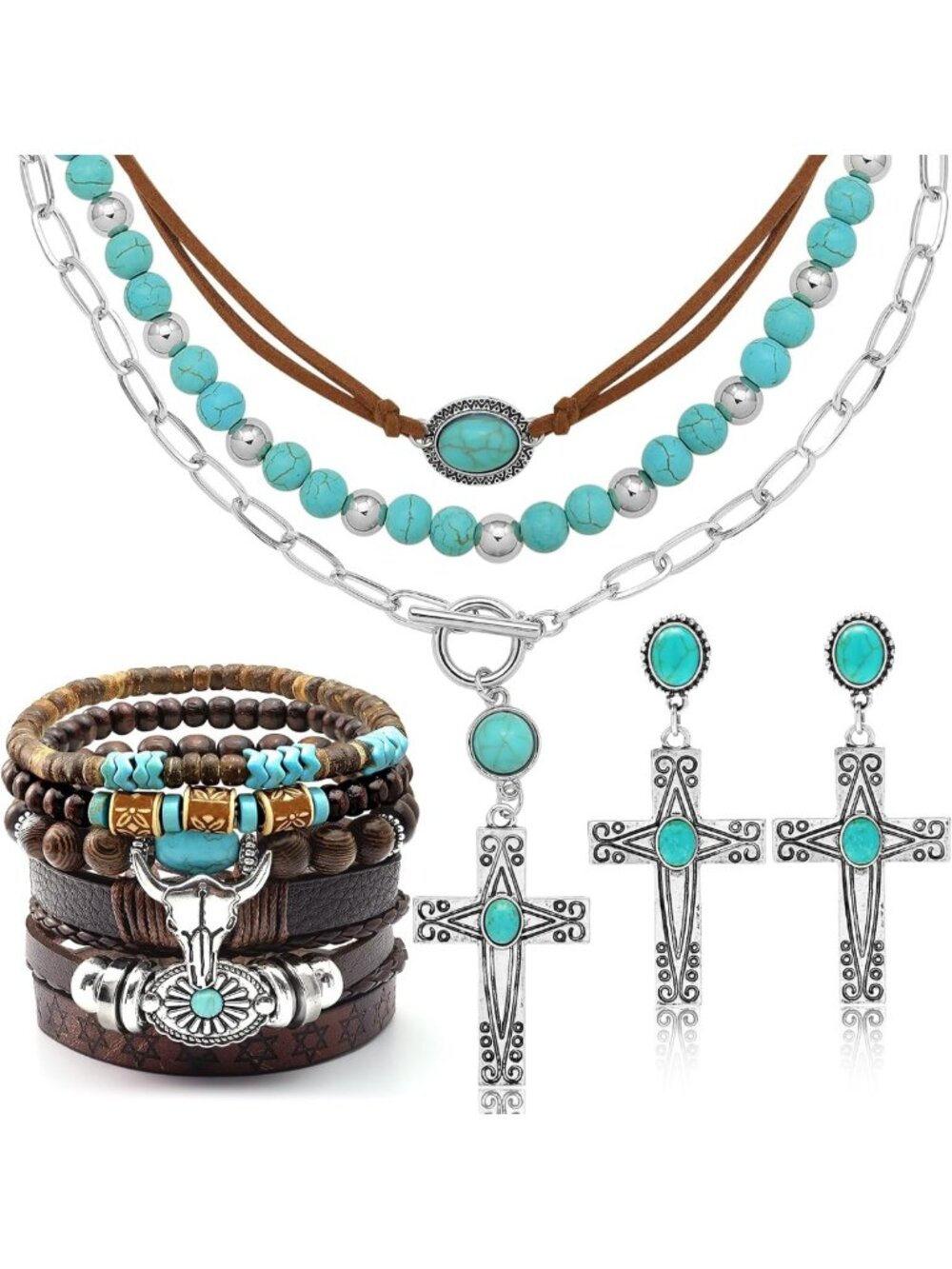 Bohemian Turquoise Jewelry Set: Dangle Earrings, Layered Choker & Bracelet for